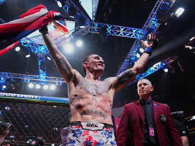 Max Holloway exits the Octagon in the BMF championship fight during the UFC 300 event at T-Mobile Arena on April 13, 2024 in Las Vegas, Nevada. (Photo by Chris Unger/Zuffa LLC)