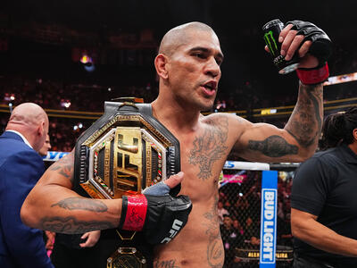 Alex Pereira of Brazil reacts to his win in the UFC light heavyweight championship fight during the UFC 300 event at T-Mobile Arena on April 13, 2024 in Las Vegas, Nevada. (Photo by Jeff Bottari/Zuffa LLC)