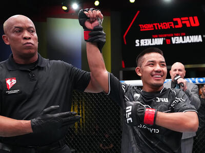 Joshua Van of Myanmar reacts after his TKO victory against Felipe Bunes of Brazil in a flyweight fight during the UFC Fight Night event at UFC APEX on January 13, 2024 in Las Vegas, Nevada. (Photo by Chris Unger/Zuffa LLC)
