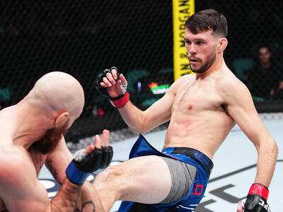 Bill Algeo kicks Kyle Nelson of Canada in a featherweight bout during the UFC Fight Night event at Boardwalk Hall Arena on March 30, 2024 in Atlantic City, New Jersey. (Photo by Jeff Bottari/Zuffa LLC)