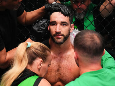 Ryan Loder rests between rounds of his middleweight fight against Omran Chaaban during the filming of The Ultimate Fighter at UFC APEX on April 09, 2024 in Las Vegas, Nevada. (Photo by Chris Unger/Zuffa LLC)
