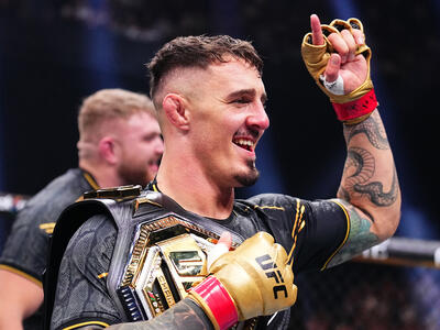 Tom Aspinall of England reacts after his knockout victory against Curtis Blaydes in the interim UFC heavyweight championship bout during the UFC 304 event at Co-op Live on July 27, 2024 in Manchester, England. (Photo by Chris Unger/Zuffa LLC)