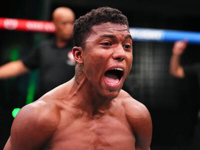 Mairon Santos reacts after his victory over Edwin Cooper Jr. in their featherweight fight during the filming of The Ultimate Fighter at UFC APEX on March 27, 2024 in Las Vegas, Nevada