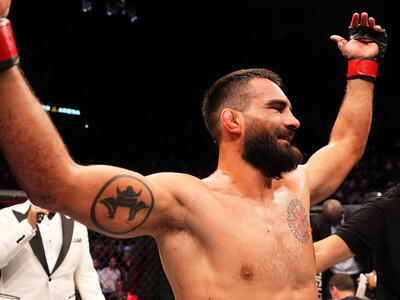 Benoit Saint Denis of France reacts after defeating Thiago Moises of Brazil in a lightweight fight during the UFC Fight Night event at The Accor Arena on September 02, 2023 in Paris, France. (Photo by Josh Hedges/Zuffa LLC)