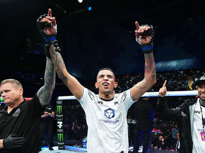 Carlos Prates of Brazil reacts after his knockout victory against Li Jingliang of China in a welterweight fight during the UFC 305 event at RAC Arena on August 18, 2024 in Perth, Australia. (Photo by Jeff Bottari/Zuffa LLC)
