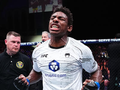 Joaquin Buckley reacts after his TKO victory against Vicente Luque in a welterweight bout during the UFC Fight Night event at Boardwalk Hall Arena on March 30, 2024 in Atlantic City, New Jersey. (Photo by Jeff Bottari/Zuffa LLC)