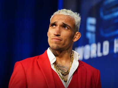 Charles Oliveira walks onstage during the UFC 309 press conference at The Theater at Madison Square Garden on November 14, 2024 in New York City. (Photo by Chris Unger/Zuffa LLC)