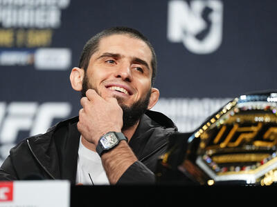 Islam Makhachev of Russia is seen on stage during the UFC 302 press conference at Prudential Center on May 30, 2024 in Newark, New Jersey. (Photo by Jeff Bottari/Zuffa LLC)