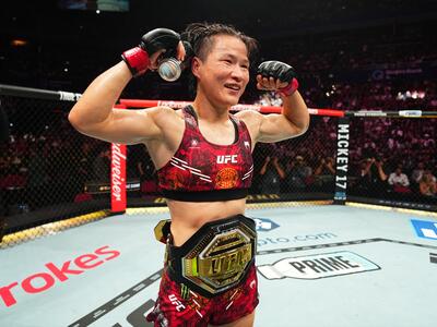 Zhang Weili of China reacts after a victory against Tatiana Suarez in the UFC strawweight championship fight during the UFC 312 event at Qudos Bank Arena on February 09, 2025 in Sydney, Australia. 