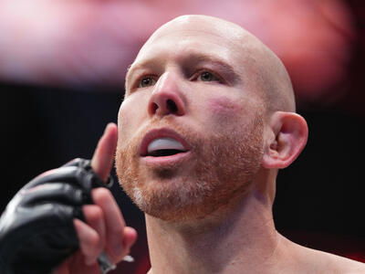 Josh Emmett reacts to his win over Bryce Mitchell during the UFC 296 event at T-Mobile Arena on December 16, 2023 in Las Vegas, Nevada. (Photo by Cooper Neill/Zuffa LLC)
