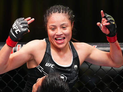 Melissa Martinez of Mexico reacts after a strawweight fight against Alice Ardelean of Romania during the UFC Fight Night event at UFC APEX on October 19, 2024 in Las Vegas, Nevada. (Photo by Jeff Bottari/Zuffa LLC)
