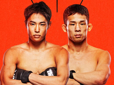 UFC flyweights Tatsuro Taira and HyunSung Park stand in front of an orange background
