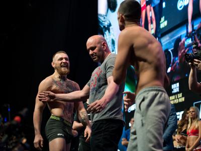 LAS VEGAS, NV - MARCH 4:   Conor McGregor and Nate Diaz face off during the UFC 196 Weigh-in in the MGM Grand Garden Arena on March 4, 2016 in Las Vegas, Nevada. (Photo by Brandon Magnus/Zuffa LLC/Zuffa LLC via Getty Images)