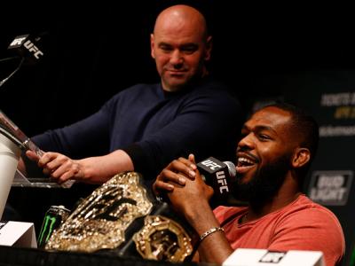 NEW YORK, NY - APRIL 27:  Jon Jones speaks at a press conference with UFC president Dana White at a media availability for UFC 200 at Madison Square Garden on April 27, 2016 in New York City. (Photo by Jeff Zelevansky/Getty Images)