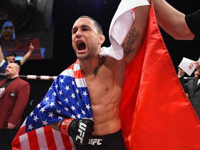 LAS VEGAS, NV - DECEMBER 11: Frankie Edgar reacts to his victory over Chad Mendes in their featherweight bout during the TUF Finale event inside The Chelsea at The Cosmopolitan of Las Vegas on December 11, 2015 in Las Vegas, Nevada.  (Photo by Jeff Bottar