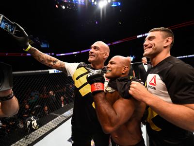 ATLANTA, GA - JULY 30:  Wilson Reis takes a selfie with his team after his submission victory over Hector Sandoval in their flyweight bout during the UFC 201 event on July 30, 2016 at Philips Arena in Atlanta, Georgia. (Photo by Jeff Bottari/Zuffa LLC/Zuf