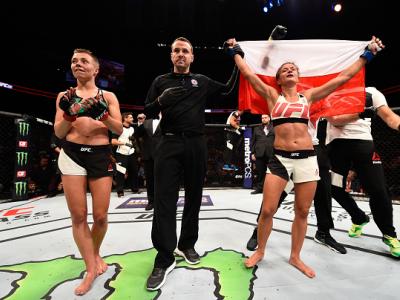 ATLANTA, GA - JULY 30:  (R-L) Karolina Kowalkiewicz celebrates her victory over Rose Namajunas in their women's strawweight bout during the UFC 201 event on July 30, 2016 at Philips Arena in Atlanta, Georgia. (Photo by Jeff Bottari/Zuffa LLC/Zuffa LLC via