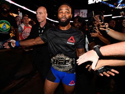 ATLANTA, GA - JULY 30:  Tyron Woodley celebrates his knockout victory over Robbie Lawler in their welterweight championship bout during the UFC 201 event on July 30, 2016 at Philips Arena in Atlanta, Georgia. (Photo by Jeff Bottari/Zuffa LLC/Zuffa LLC via