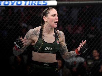 Megan Anderson reacts after defeating Norma Dumont in their women's featherweight bout during the UFC Fight Night event at Chartway Arena on February 29, 2020 in Norfolk, Virginia. (Photo by Josh Hedges/Zuffa LLC)