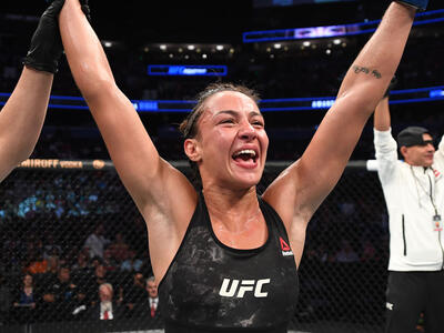 Amanda Ribas of Brazil celebrates her victory over Mackenzie Dern in their women's strawweight bout during the UFC Fight Night event at Amalie Arena on October 12, 2019 in Tampa, Florida. (Photo by Josh Hedges/Zuffa LLC)