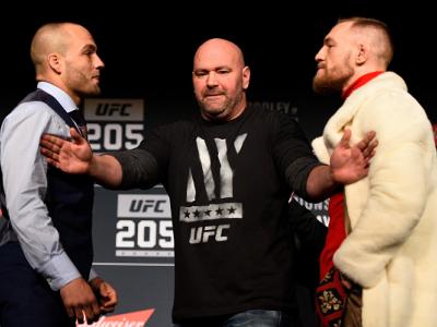 NEW YORK, NY - NOVEMBER 10:  (L-R) Opponents Eddie Alvarez and Conor McGregor of Ireland face off during the UFC 205 press conference inside The Theater at Madison Square Garden on November 10, 2016 in New York City. (Photo by Jeff Bottari/Zuffa LLC/Zuffa