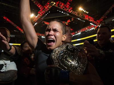 LAS VEGAS, NV - JULY 09:  Amanda Nunes of Brazil exits the Octagon after defeating Miesha Tate during the UFC 200 event on July 9, 2016 at T-Mobile Arena in Las Vegas, Nevada.  (Photo by Brandon Magnus/Zuffa LLC/Zuffa LLC via Getty Images)