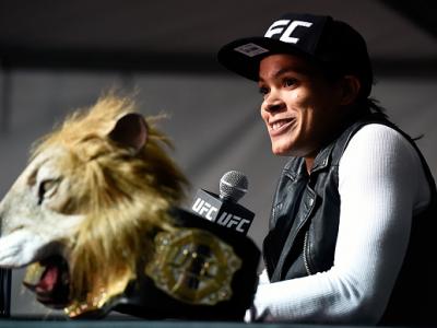 LAS VEGAS, NV - DECEMBER 30:  UFC women's bantamweight champion Amanda Nunes speaks to the media after the UFC 207 event inside T-Mobile Arena on December 30, 2016 in Las Vegas, Nevada. (Photo by Brandon Magnus/Zuffa LLC/Zuffa LLC via Getty Images)