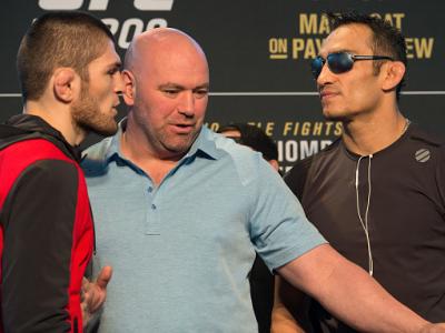 LAS VEGAS, NV - MARCH 02:  (L-R) Khabib Nurmagomedov of Russia and Tony Ferguson face off during the UFC 209 Ultimate Media Day inside TMobile Arena on March 2, 2017 in Las Vegas, Nevada. (Photo by Brandon Magnus/Zuffa LLC/Zuffa LLC via Getty Images)