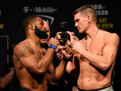 LAS VEGAS, NV - MARCH 03:  (L-R) UFC welterweight champion Tyron Woodley and Stephen Thompson face off during the UFC 209 weigh-in at T-Mobile arena on March 3, 2017 in Las Vegas, Nevada. (Photo by Josh Hedges/Zuffa LLC/Zuffa LLC via Getty Images)