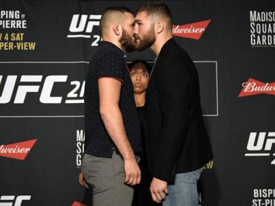 NEW YORK, NY - NOVEMBER 01:  (L-R) Opponents Michael Oleksiejczuk of Poland and Ion Cutelaba of Republic of Moldova face off during the UFC 217 Ultimate Media Day inside the Theater Lobby at Madison Square Garden on November 1, 2017 in New York City. (Pho