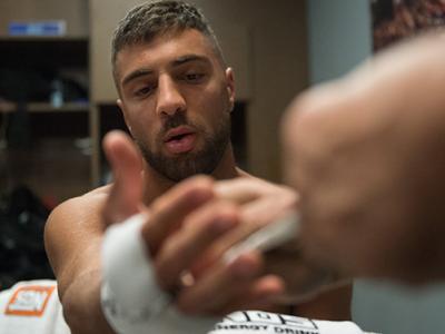 LAS VEGAS, NV - AUGUST 19: David Teymur gets his hands wrapped before facing Marcin Wrzosek during the filming of The Ultimate Fighter: Team McGregor vs Team Faber at the UFC TUF Gym on August 19, 2015 in Las Vegas, Nevada. (Photo by Brandon Magnus/Zuffa 