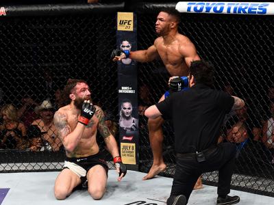 OKLAHOMA CITY, OK - JUNE 25:   Kevin Lee celebrates after his submission victory over Michael Chiesa in their lightweight bout during the UFC Fight Night event at the Chesapeake Energy Arena on June 25, 2017 in Oklahoma City, Oklahoma. (Photo by Brandon M