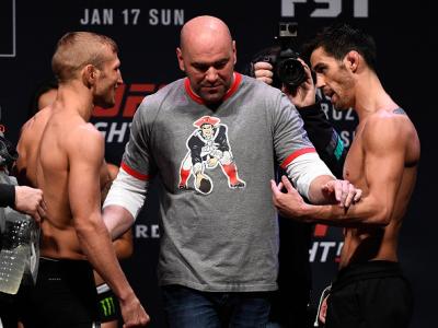BOSTON, MA - JANUARY 16:  (L-R) Opponents TJ Dillashaw and Dominick Cruz face off during the UFC weigh-in at the Wang Theatre on January 16, 2016 in Boston, Massachusetts. (Photo by Jeff Bottari/Zuffa LLC/Zuffa LLC via Getty Images)