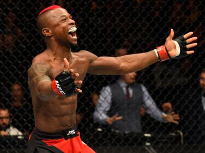 LONDON, ENGLAND - MARCH 18:  Marc Diakiese of the Congo celebrates his knockout victory over Teemu Packalen of Finland in their lightweight fight during the UFC Fight Night event at The O2 arena on March 18, 2017 in London, England. (Photo by Josh Hedges/