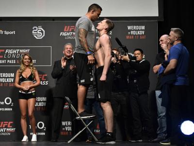 LONDON, ENGLAND - MARCH 16:  (L-R) Fabricio Werdum of Brazil and Alexander Volkov of Russia face off during the UFC Fight Night weigh-in inside The O2 Arena on March 16, 2018 in London, England. (Photo by Brandon Magnus/Zuffa LLC/Zuffa LLC via Getty Image