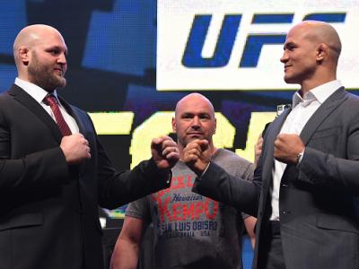LAS VEGAS, NV - MARCH 04:  (L-R) Opponents Ben Rothwell and Junior dos Santos face off during the UFC Unstoppable launch press conference at the MGM Grand Garden Arena on March 4, 2016 in Las Vegas, Nevada. (Photo by Josh Hedges/Zuffa LLC/Zuffa LLC via Ge