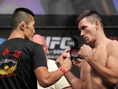 LAS VEGAS, NV - JULY 6:   (L-R) Opponents Dong Hyun Kim and Demian Maia face off during the UFC 148 Weigh In at the Mandalay Bay Events Center on July 6, 2012 in Las Vegas, Nevada.  (Photo by Josh Hedges/Zuffa LLC/Zuffa LLC via Getty Images)