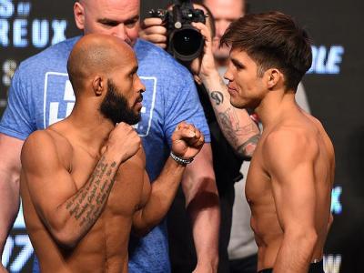 LAS VEGAS, NV - APRIL 20:   (L-R) Opponents Demetrious Johnson and Henry Cejudo face off during the UFC 197 weigh-in at the MGM Grand Garden Arena on April 20, 2016 in Las Vegas, Nevada. (Photo by Josh Hedges/Zuffa LLC/Zuffa LLC via Getty Images)
