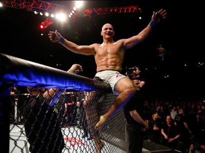 ZAGREB, CROATIA - APRIL 10:   Junior Dos Santos celebrates his victory over Ben Rothwell in their heavyweight bout during the UFC Fight Night event at the Arena Zagreb on April 10, 2016 in Zagreb, Croatia. (Photo by Srdjan Stevanovic/Zuffa LLC/Zuffa LLC v