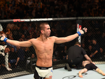 DUBLIN, IRELAND - OCTOBER 24:  (L-R) Louis Smolka celebrates his submission victory over Paddy Holohan in their flyweight fight during the UFC event at 3Arena on October 24, 2015 in Dublin, Ireland. (Photo by Josh Hedges/Zuffa LLC/Zuffa LLC via Getty Imag