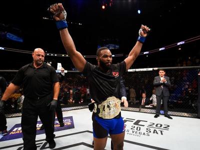 ATLANTA, GA - JULY 30:  Tyron Woodley celebrates his knockout victory over Robbie Lawler in their welterweight championship bout during the UFC 201 event on July 30, 2016 at Philips Arena in Atlanta, Georgia. (Photo by Jeff Bottari/Zuffa LLC/Zuffa LLC via