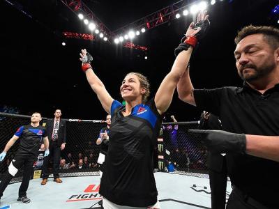 HALIFAX, NS - FEBRUARY 19:  Sara McMann celebrates after defeating Gina Mazany in their women's bantamweight fight during the UFC Fight Night event inside the Scotiabank Centre on February 19, 2017 in Halifax, Nova Scotia, Canada. (Photo by Josh Hedges/Zu