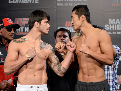 BARUERI, BRAZIL - OCTOBER 8:  (L-R) Erick Silva and Dong Hyun Kim face off during the UFC Fight Night: Maia v Shields weigh-in at the Ginasio Jose Correa on October 8, 2013 in Barueri, Sao Paulo, Brazil. (Photo by Jeff Bottari/Zuffa LLC/Zuffa LLC via Gett