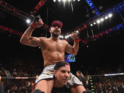 LAS VEGAS, NV - JANUARY 31:  Thales Leites (top) reacts to his victory over Tim Boetsch in their middleweight bout during the UFC 183 event at the MGM Grand Garden Arena on January 31, 2015 in Las Vegas, Nevada.  (Photo by Josh Hedges/Zuffa LLC/Zuffa LLC 