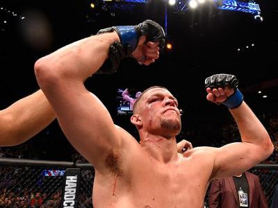 LAS VEGAS, NV - MARCH 05: Nate Diaz reacts to his victory over Conor McGregor of Ireland in their welterweight bout during the UFC 196 event inside MGM Grand Garden Arena on March 5, 2016 in Las Vegas, Nevada.  (Photo by Josh Hedges/Zuffa LLC/Zuffa LLC vi
