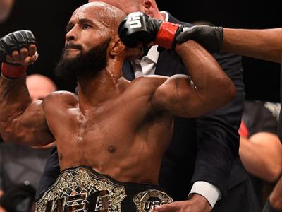 LAS VEGAS, NV - SEPTEMBER 05:  Demetrious Johnson reacts after his victory over John Dodson in their flyweight championship bout during the UFC 191 event inside MGM Grand Garden Arena on September 5, 2015 in Las Vegas, Nevada.  (Photo by Jeff Bottari/Zuff
